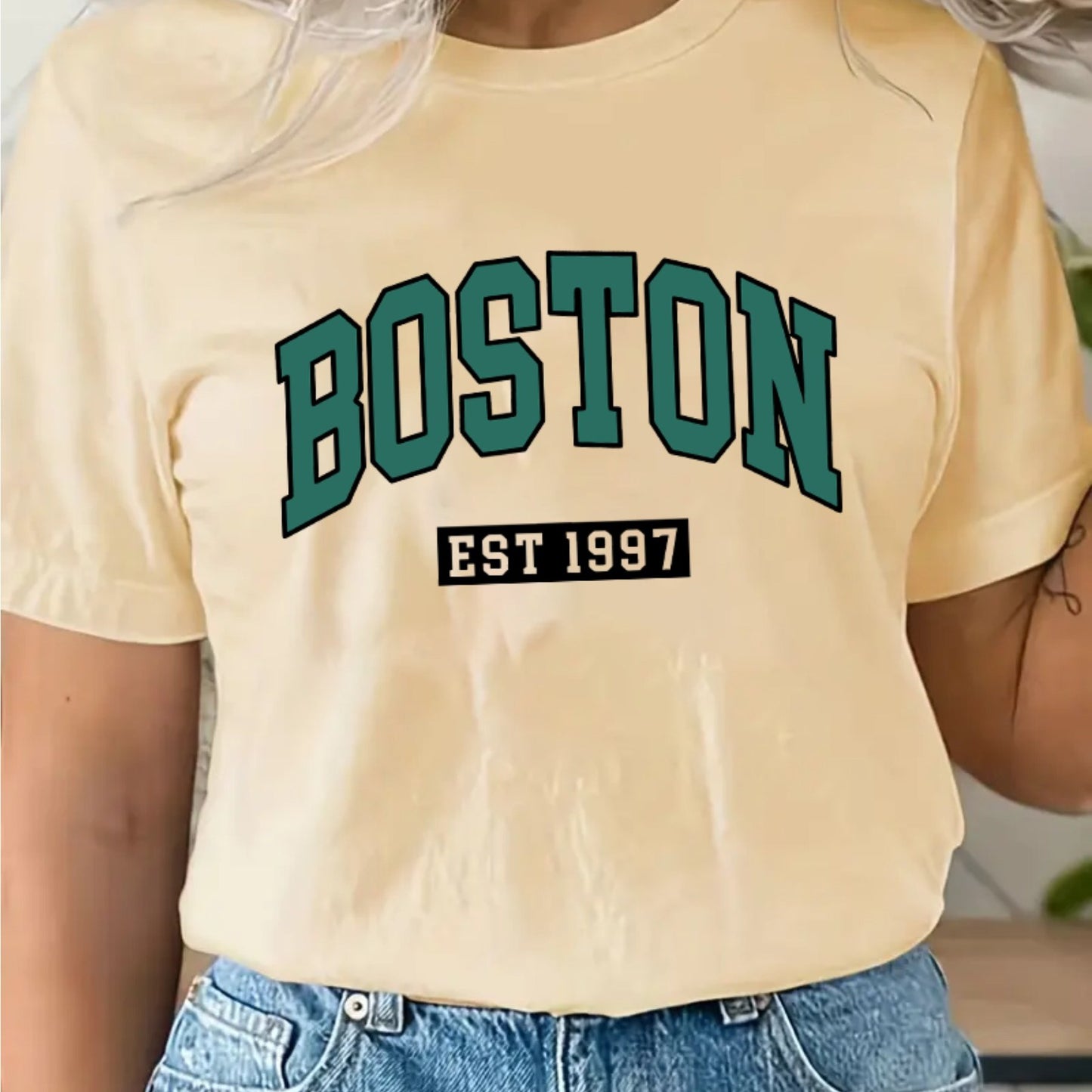 BOSTON Lettering Pattern Crew Neck T-Shirt, Casual Short Sleeve T-Shirt, Women's Clothing