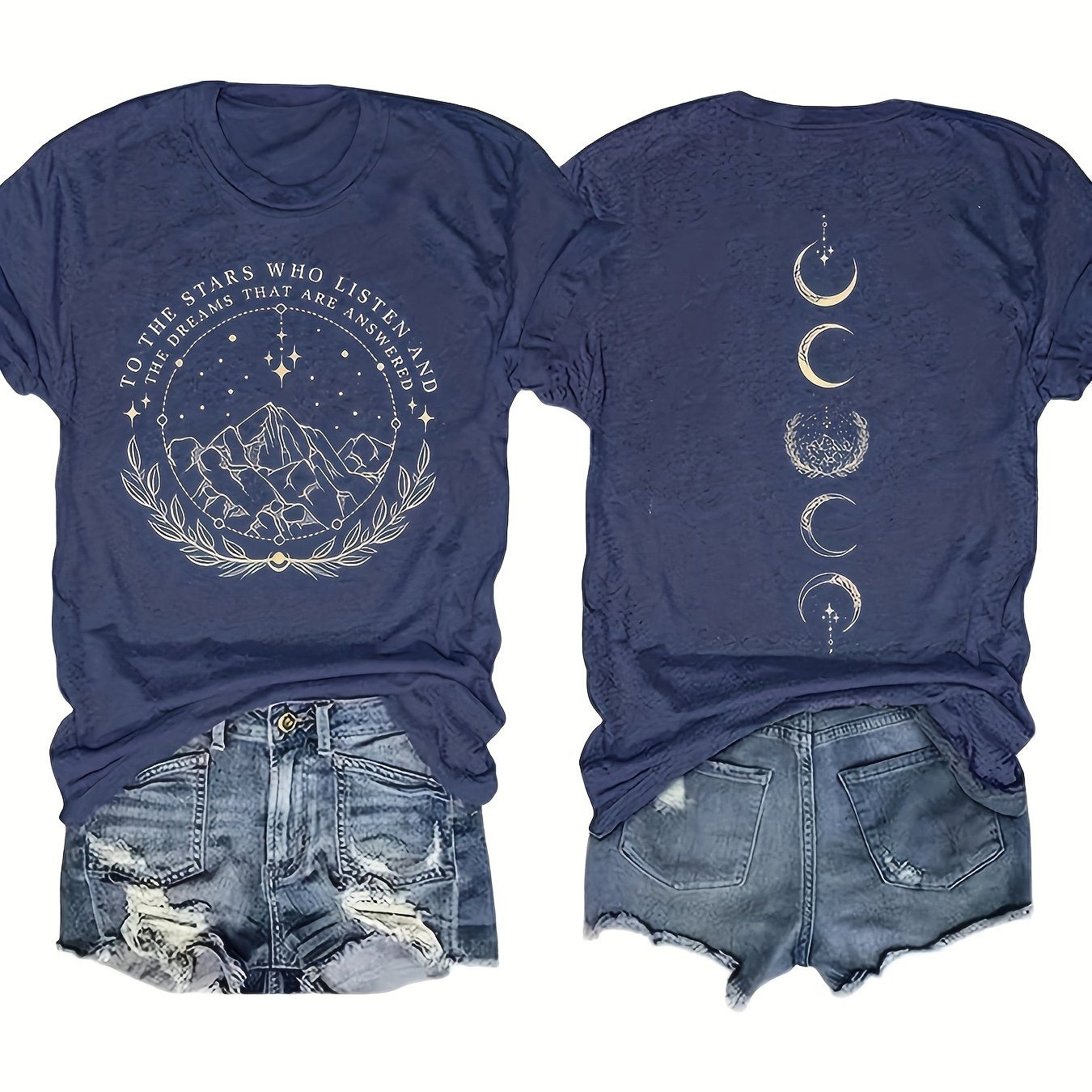 Moon & Mountain Print Crew Neck T-Shirt, Casual Short Sleeve T-Shirt For Spring & Summer, Women's Clothing