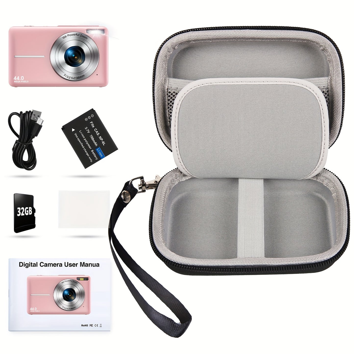 Stuogyum Dc403 Compact Digital Camera - 44Mp, Fhd 1080P Video, 16X Digital Zoom, Auto-Focus, Anti-Shake, Includes 32Gb Memory Card, 700Mah Battery & Case - Perfect For Beginners