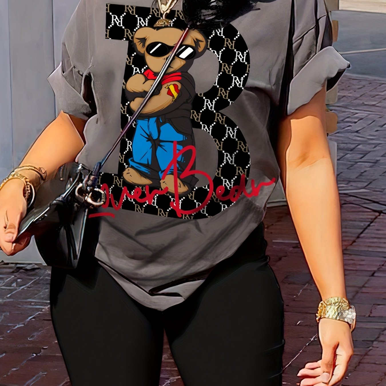 Women's Casual Cartoon Contrast Color 2-Piece Set, Short Sleeve Round Neck T-shirt And Biker Shorts Outfit, Lounge Wear