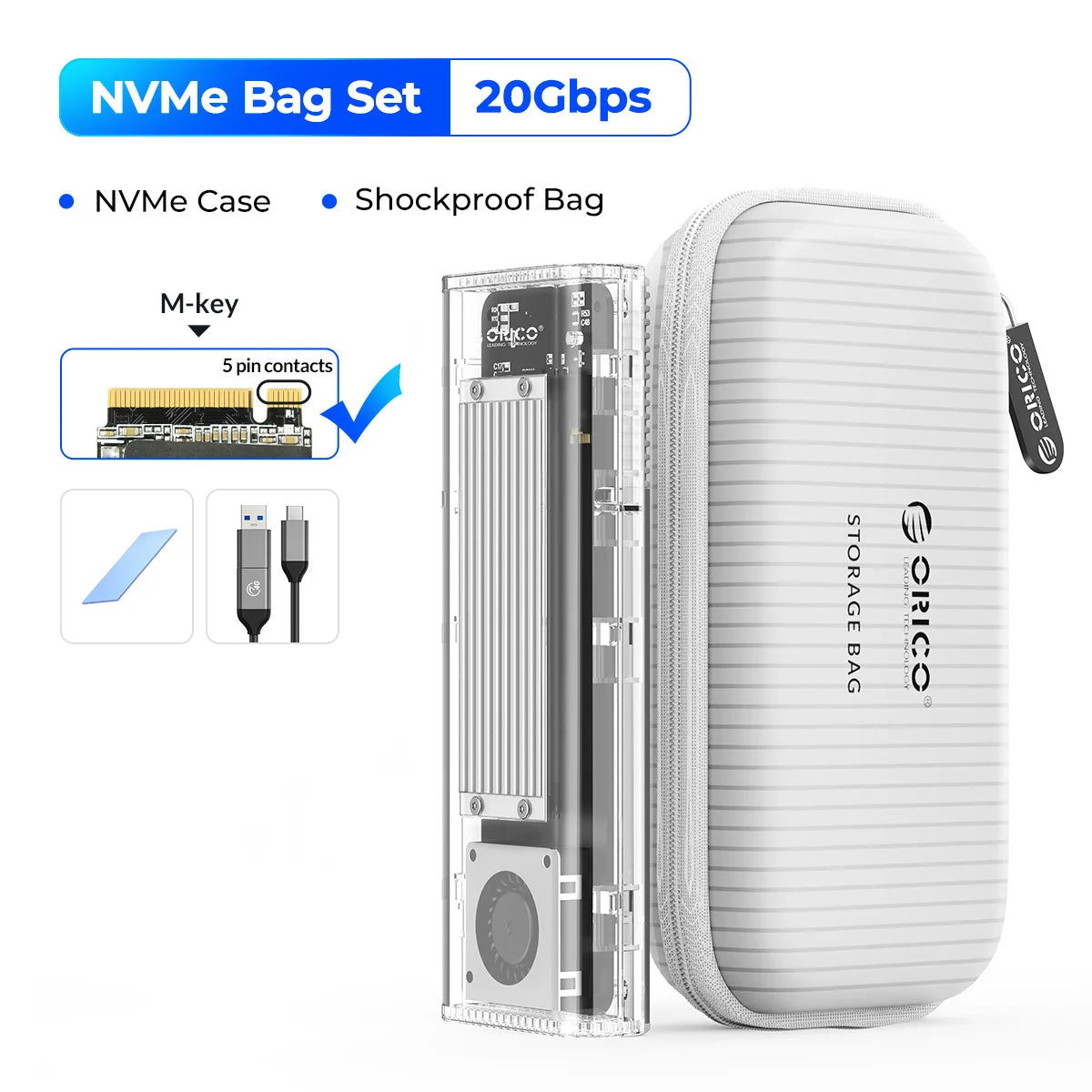 ORICO 20Gbps M.2 NVME SSD Case Enclosure with Cooling Fan USB 3.2 Gen 2 x 2 PCIE NVME Adapter Tool Free 4TB for PCIe M Key