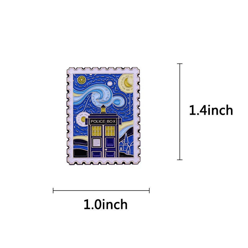Police Box Van Gogh Starry Night Enamel Pin sun moon sky Brooch painting art film themed Accessory