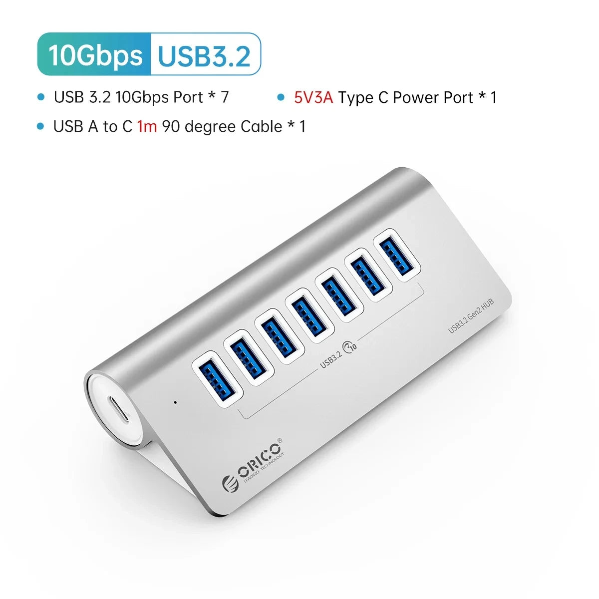 ORICO USB Hub Aluminum Alloy 7-Port USB 3.2 Gen2 10Gbps HUB USB Splitter Multiport Adapter Laptop Expansion Desktop Accessories