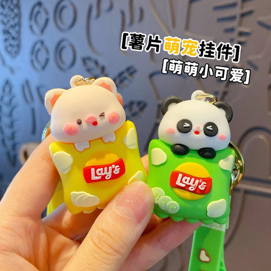 Potato Chips Snack Keychains Alloy & PVC Anime Cartoon Panda & Pig Unique Lobster Clasp Keyring Ideal for Bag Decoration & Gifts