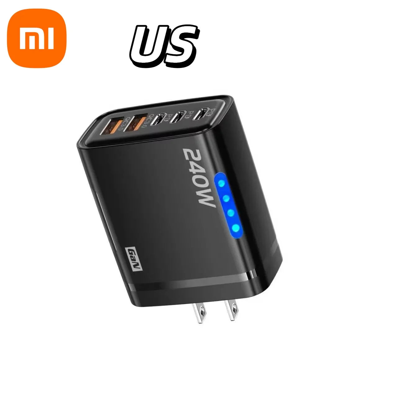 Xiaomi 5 in 1 240W GaN Fast Charger With LED Light 2USB+3Type-C Multi Port Phone Charging Head For iPhone Huawei Laptop Tablets