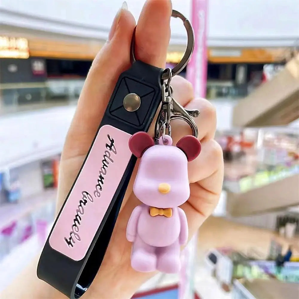 Cute Pvc Tie Bear Keychain Silicone Animal Doll Pendant Keyring With Wristband For Couple Backpack Bag Key Accessories Kid Gifts