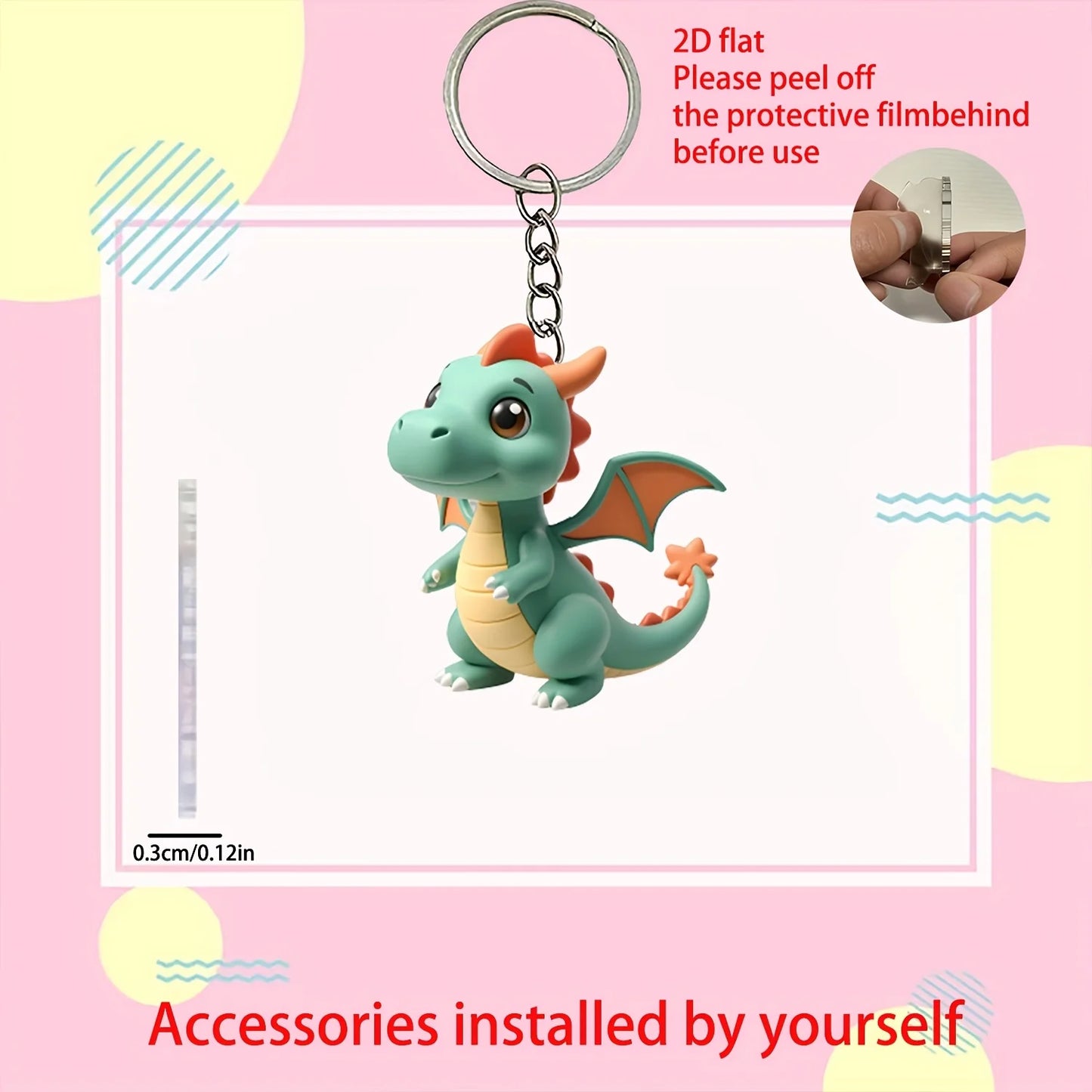 2D Green Dragon Keychain Adorable Car Pendant Acrylic Hanging Ornament Backpack Wallets Accessories Halloween Party Gift Gadget