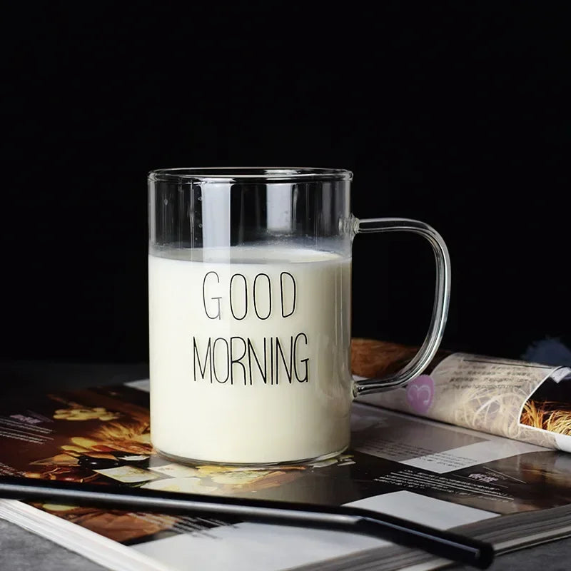 500ml Good Morning Glass Mug Coffee Milk Breakfast Cup Tumbler with Handle Transparent Drinkware Household Gift for Children Set