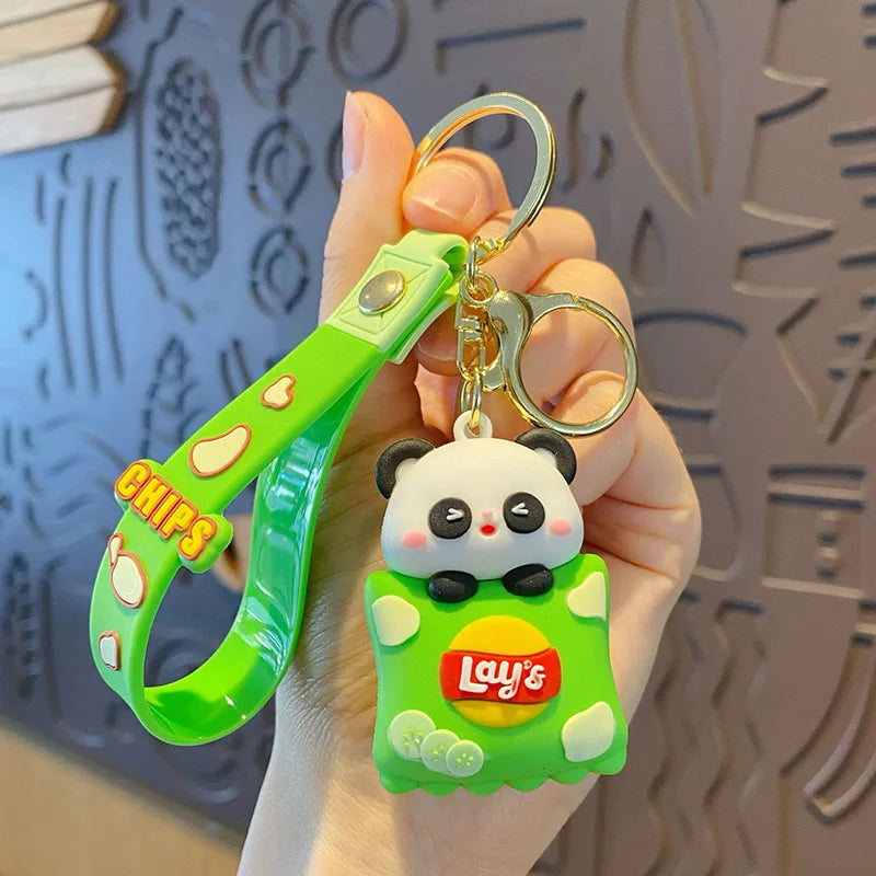 Potato Chips Snack Keychains Alloy & PVC Anime Cartoon Panda & Pig Unique Lobster Clasp Keyring Ideal for Bag Decoration & Gifts