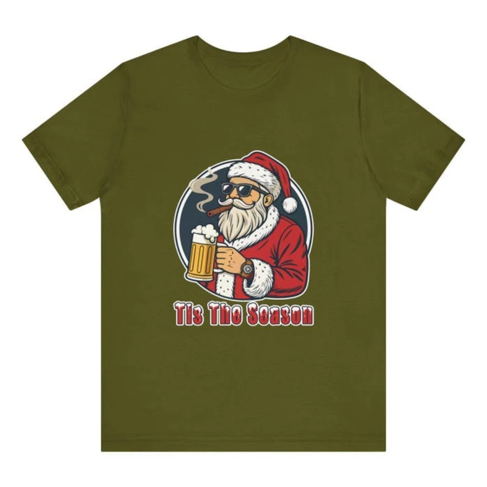 Funny Santa Beer T-Shirt Tis The Season Christmas Graphic T Shirts Woman Man New Year Xmas Cotton Short-sleev Vintage Festival