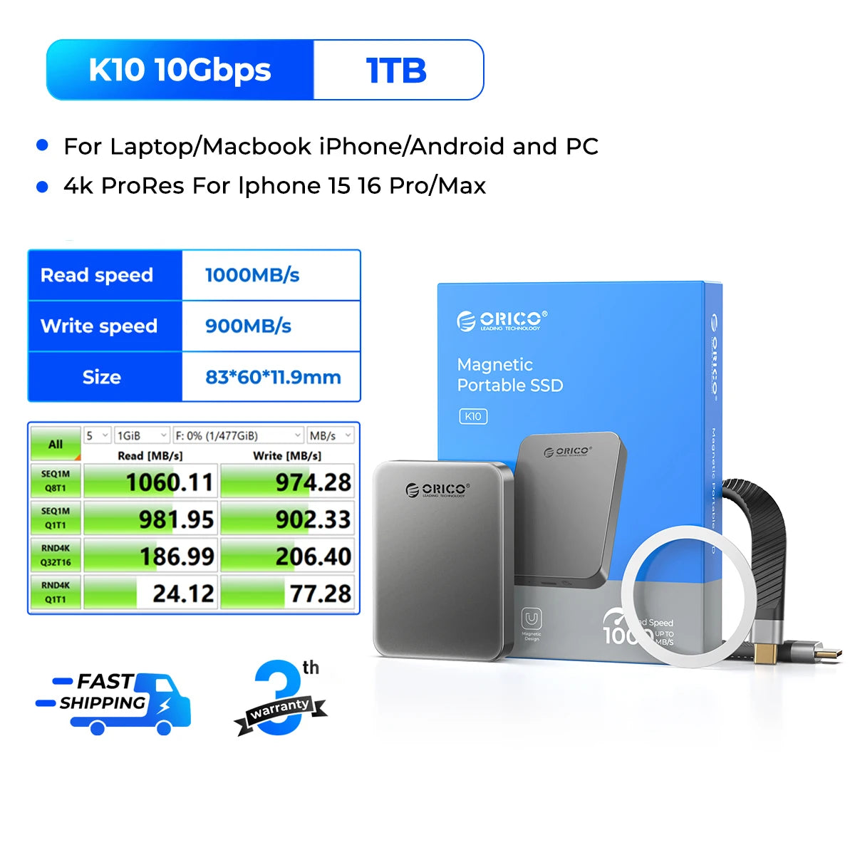 ORICO 1TB Magnetic SSD, PD100W Charging, 4K ProRes HDR, 1000MB/s USB 3.2, Portable External Drive for iPhone 16/15, Laptops