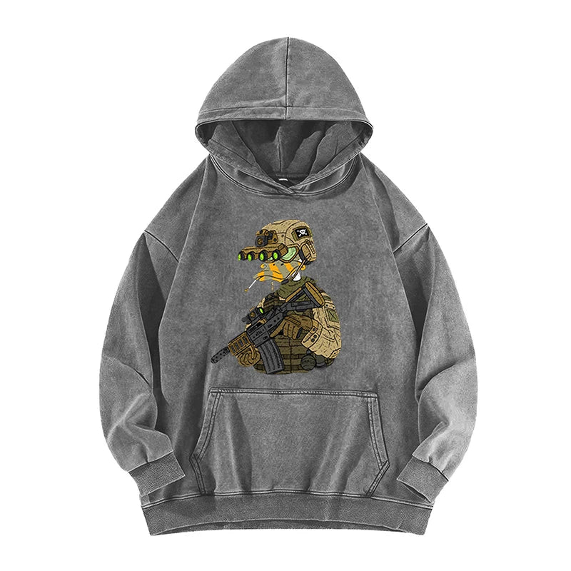 Tactical Duck Soldier Graphic Vintage Washed Hoodie Men'S Streetwear Loose Casual Hooded Sweatshirt Military Style Fashion Top