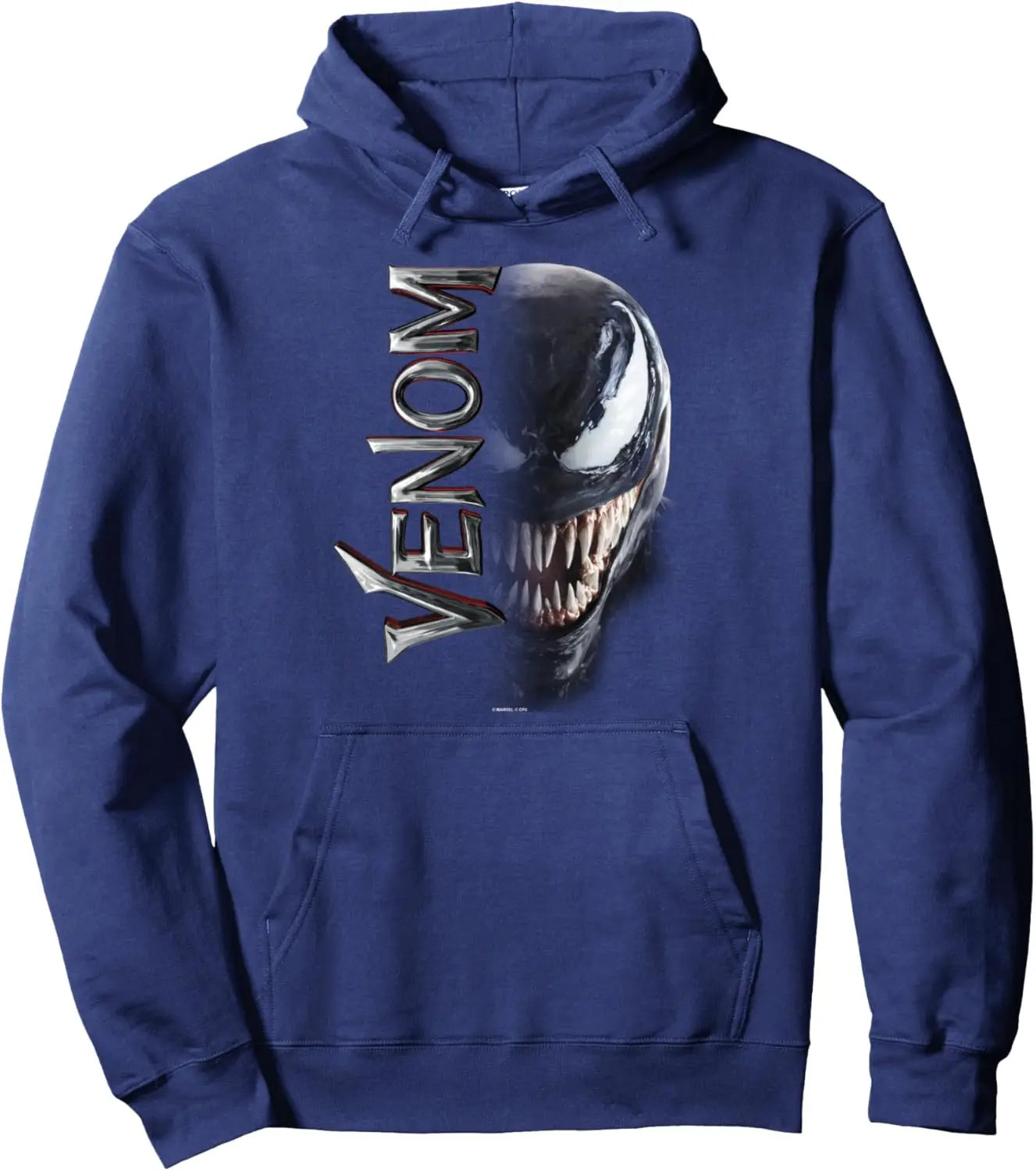 Marvel Venom Black Hoodie with Silver Text Print and Red Outline Design Men's Graphic Cotton Pullover Hooded Sweatshirt
