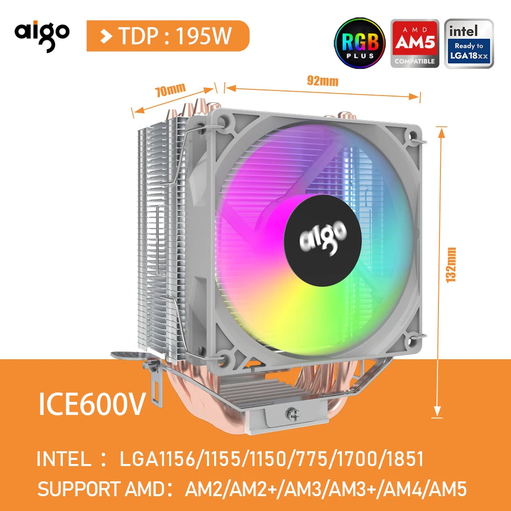 Aigo CPU Cooler 2 4 6 Heat Pipes PC Radiator Cooling 3PIN PWM Silent Rgb Fan For Intel 1700 1150 1155 1156 1366 AM2/AM3/AM4 AMD
