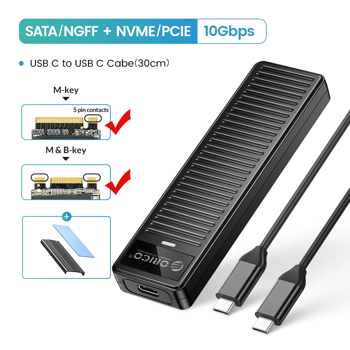 ORICO M.2 NVMe SSD Enclosure 10Gbps USB 3.2 Gen2 Case Box Simple Design Tool-free Support UASP for NVMe SATA SSD Gamers