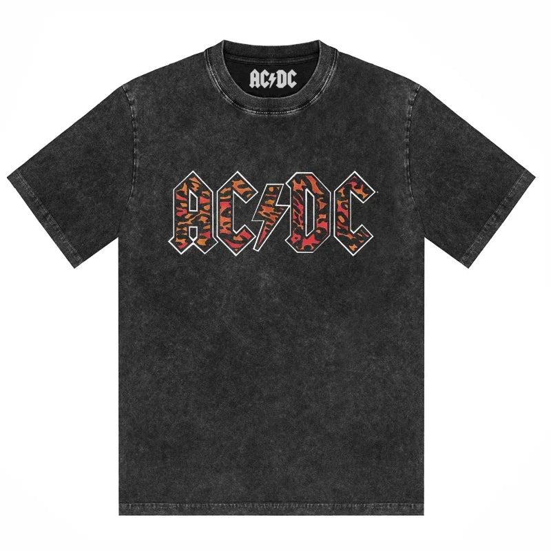 ACDC Band Printed T-Shirt Washed Retro Old Short Sleeve Trendy Couple Comfortable Loose Casual Fashion New Men'S Clothing