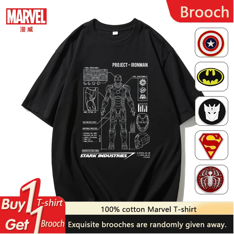 Marvel Hand-painted Iron Man Marvel Avengers Robot Design Sketch Short-sleeved T-shirt Men's Women's Loose Casual Short Sleeves