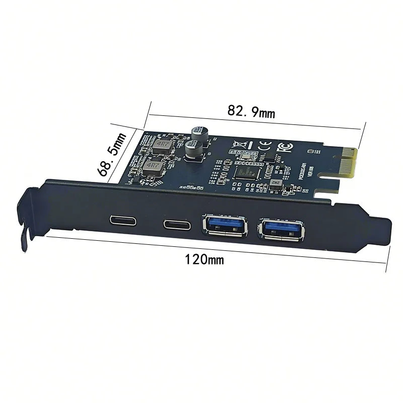 PCI Express X1 to 2 Port Type C + 2 Port USB3.2 Gen1 5Gbps Expansion Card Adapter D7020201 Chip PCIE USB Card PCIE-E USB 3.2 HUB