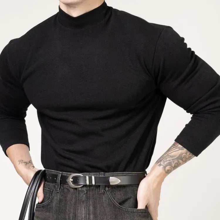 Fitness T-shirt Men's Clothes Spring Autumn Training Suit Threaded Turtleneck Slim Fit Sports Quick Dry Breathable Long Sleeves