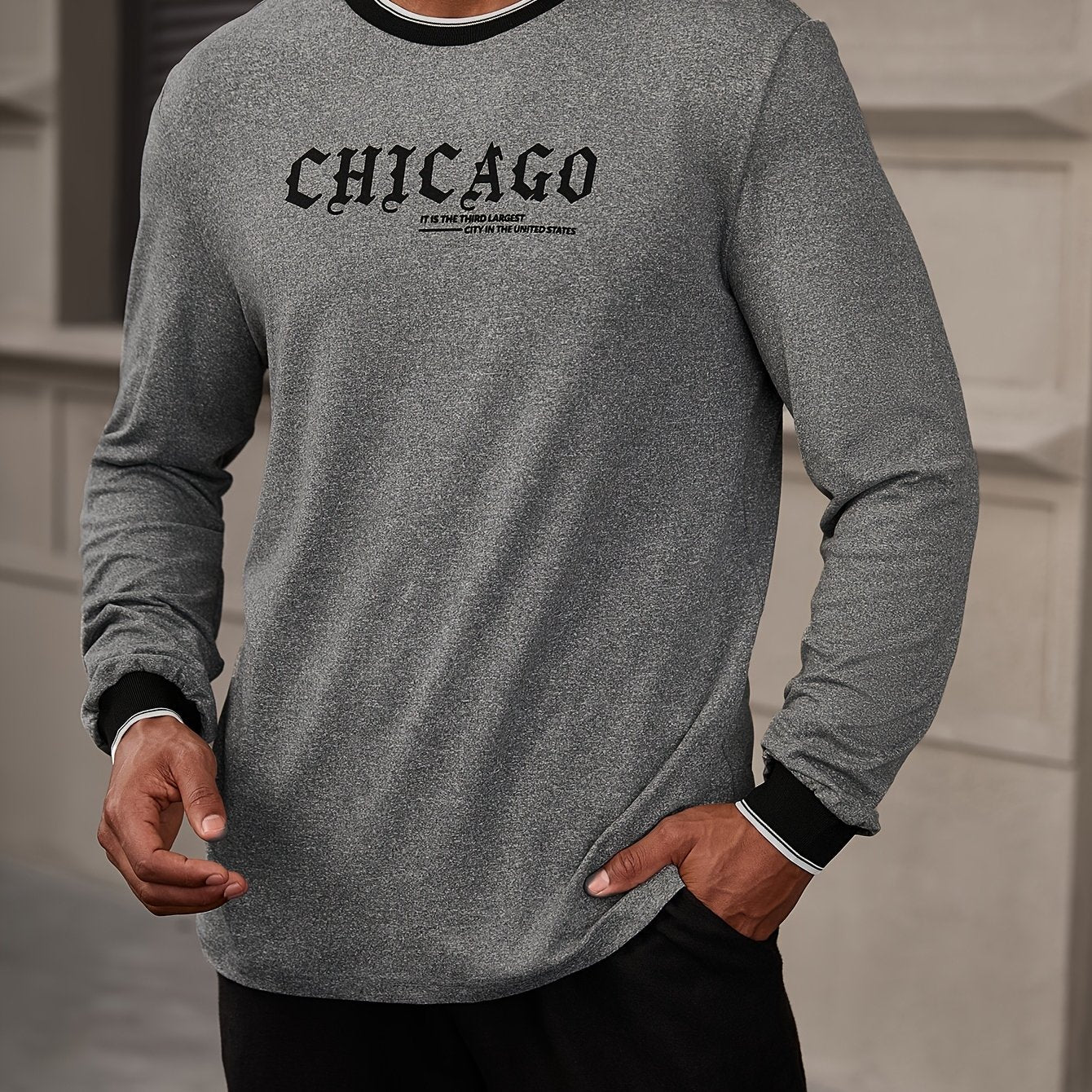 CHICAGO Print Men's Street Daily Long Sleeve High Stretch T-shirt, Spring Fall Outdoor, Men's Clothing
