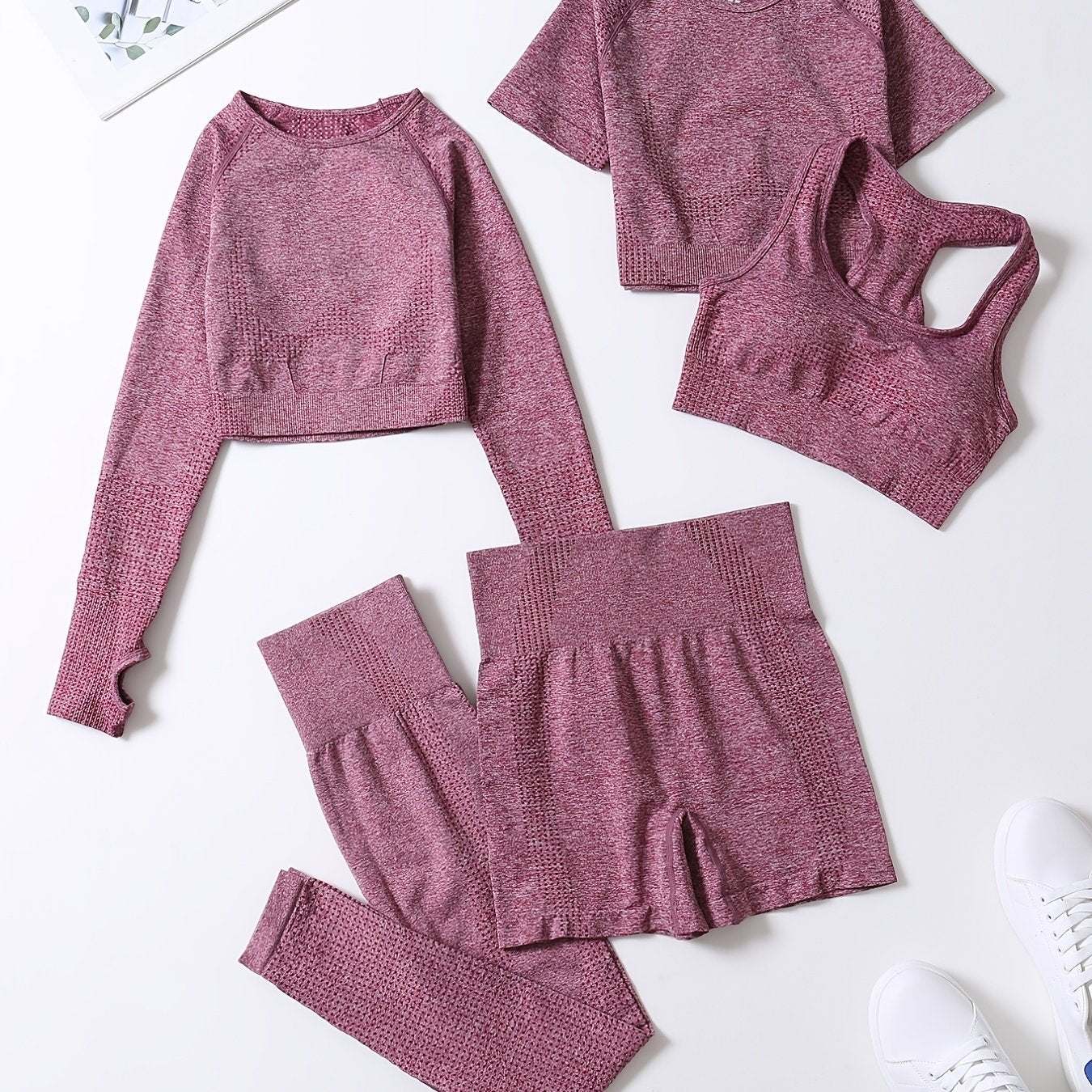 5pcs Seamless Yoga Suits, Racer Back Tank Top & Short Sleeve Cropped Top & Long Sleeve T Shirt & Shorts & Leggings Set, Women's Activewear