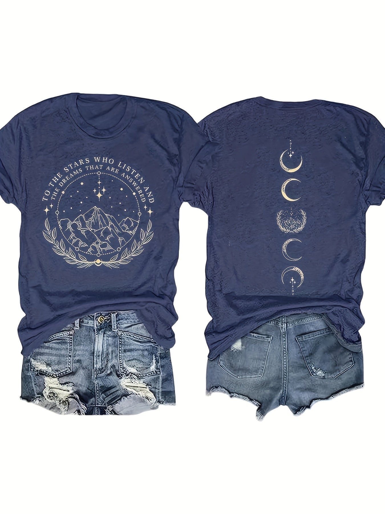 Moon & Mountain Print Crew Neck T-Shirt, Casual Short Sleeve T-Shirt For Spring & Summer, Women's Clothing