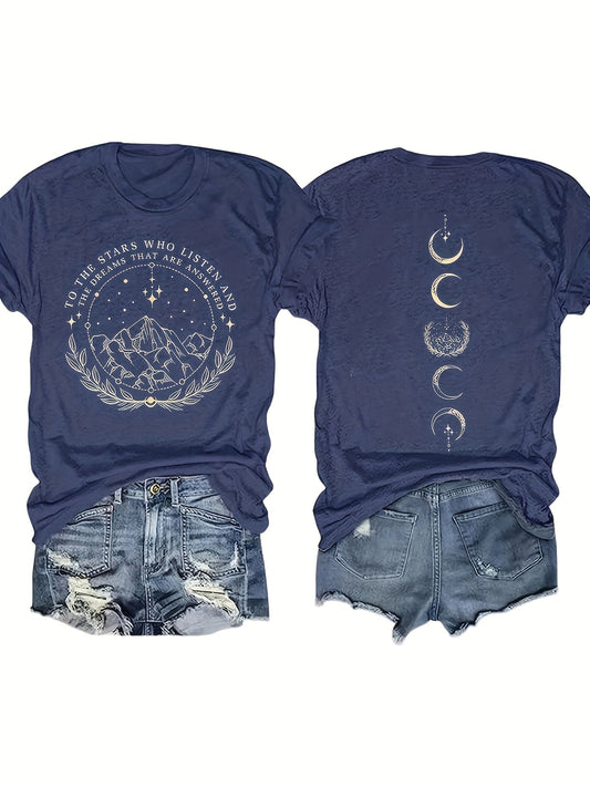 Moon & Mountain Print Crew Neck T-Shirt, Casual Short Sleeve T-Shirt For Spring & Summer, Women's Clothing