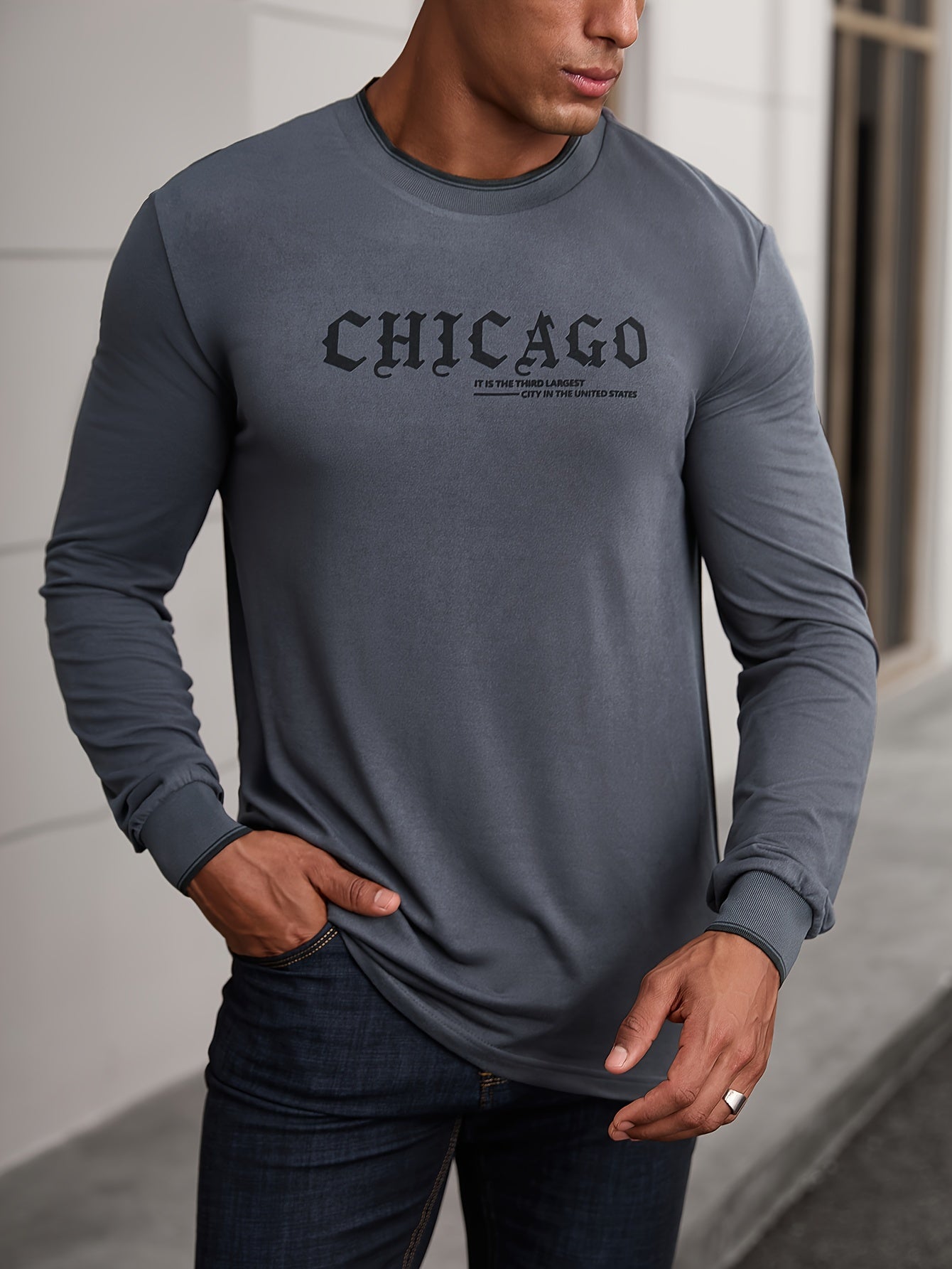 CHICAGO Print Men's Street Daily Long Sleeve High Stretch T-shirt, Spring Fall Outdoor, Men's Clothing