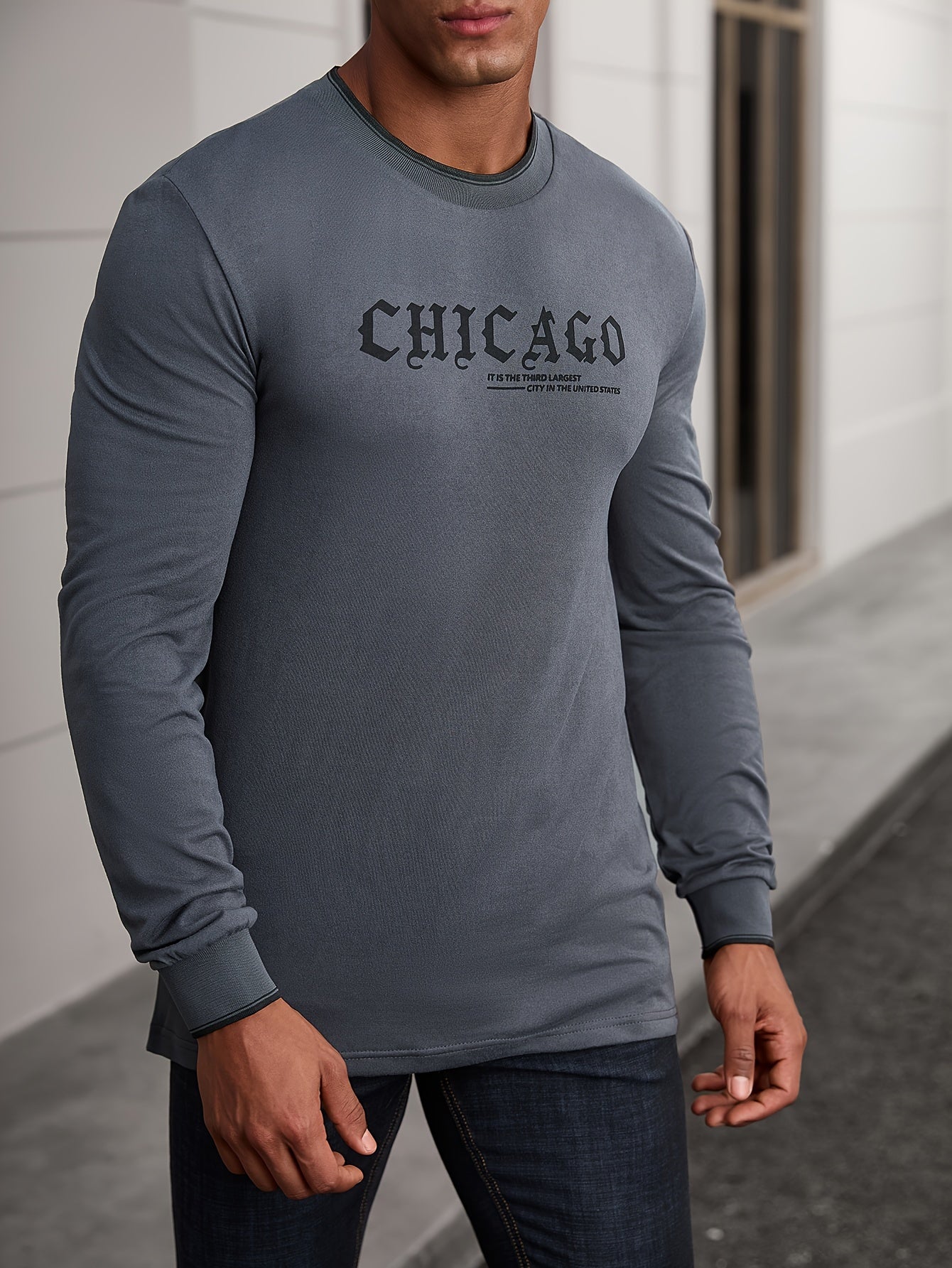 CHICAGO Print Men's Street Daily Long Sleeve High Stretch T-shirt, Spring Fall Outdoor, Men's Clothing