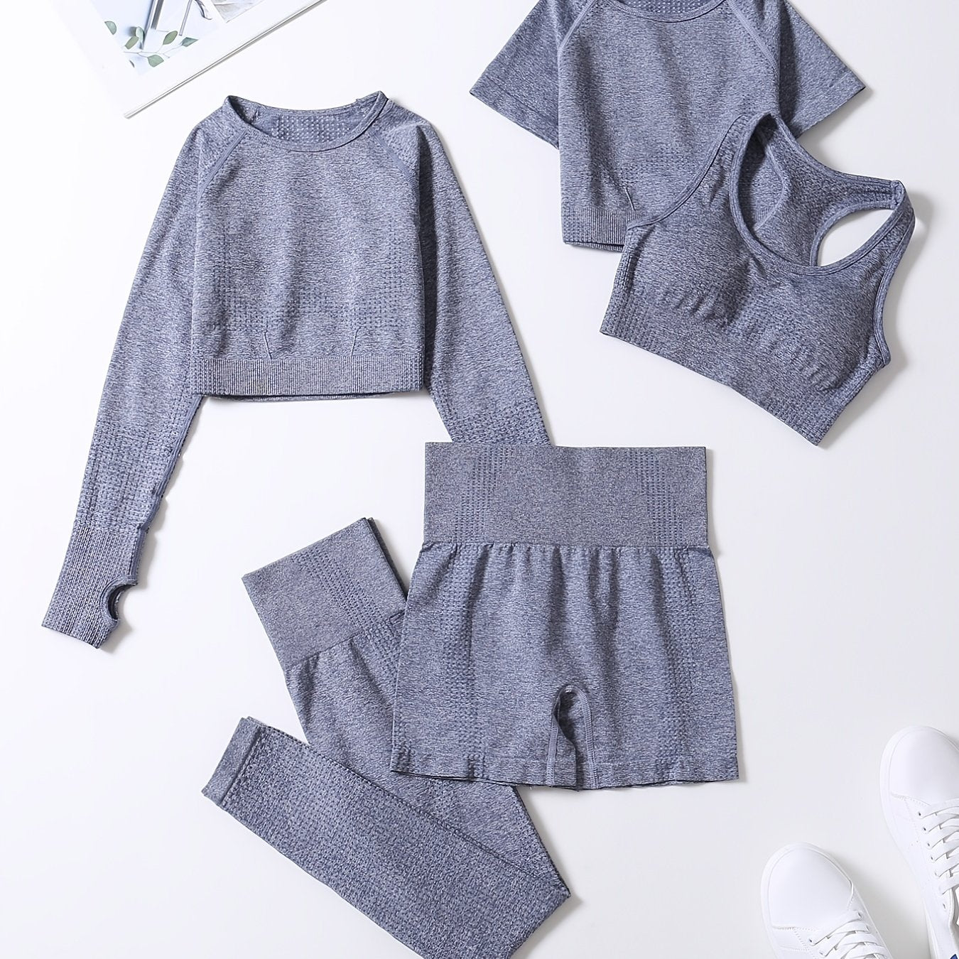 5pcs Seamless Yoga Suits, Racer Back Tank Top & Short Sleeve Cropped Top & Long Sleeve T Shirt & Shorts & Leggings Set, Women's Activewear