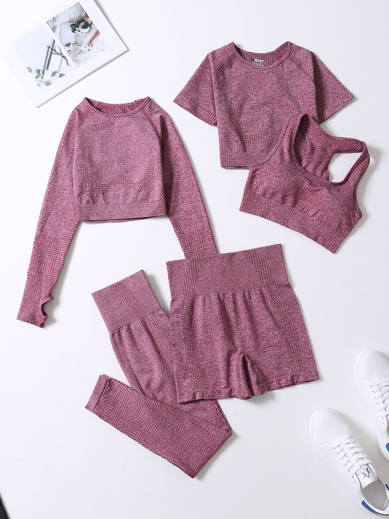 5pcs Seamless Yoga Suits, Racer Back Tank Top & Short Sleeve Cropped Top & Long Sleeve T Shirt & Shorts & Leggings Set, Women's Activewear