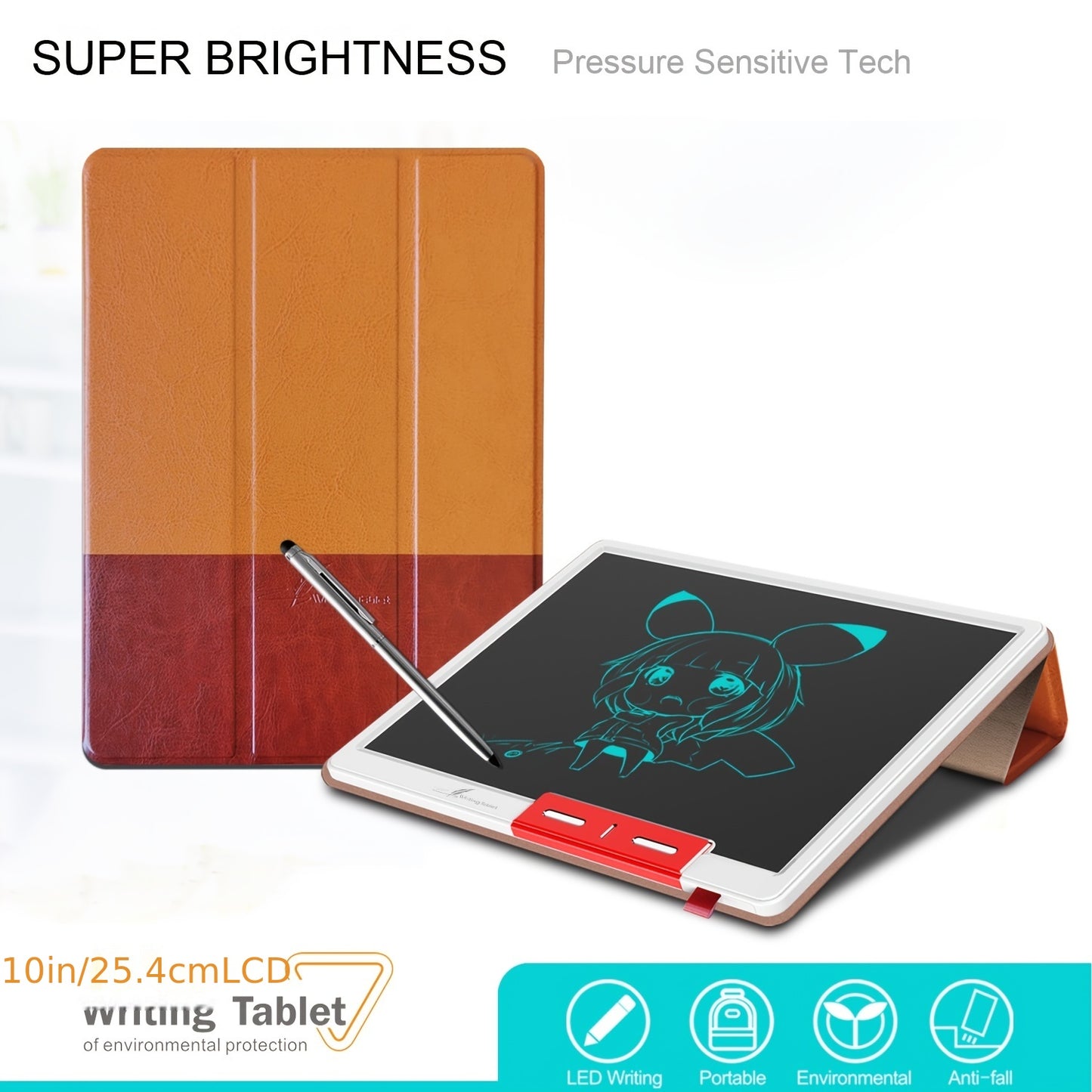 25.4 cm LCD Note Book LCD Writing Tablet With Faux Leather Protective Case, Electronic Drawing Board For Digital Handwriting Pad Doodle Board School Or OfficeBlack