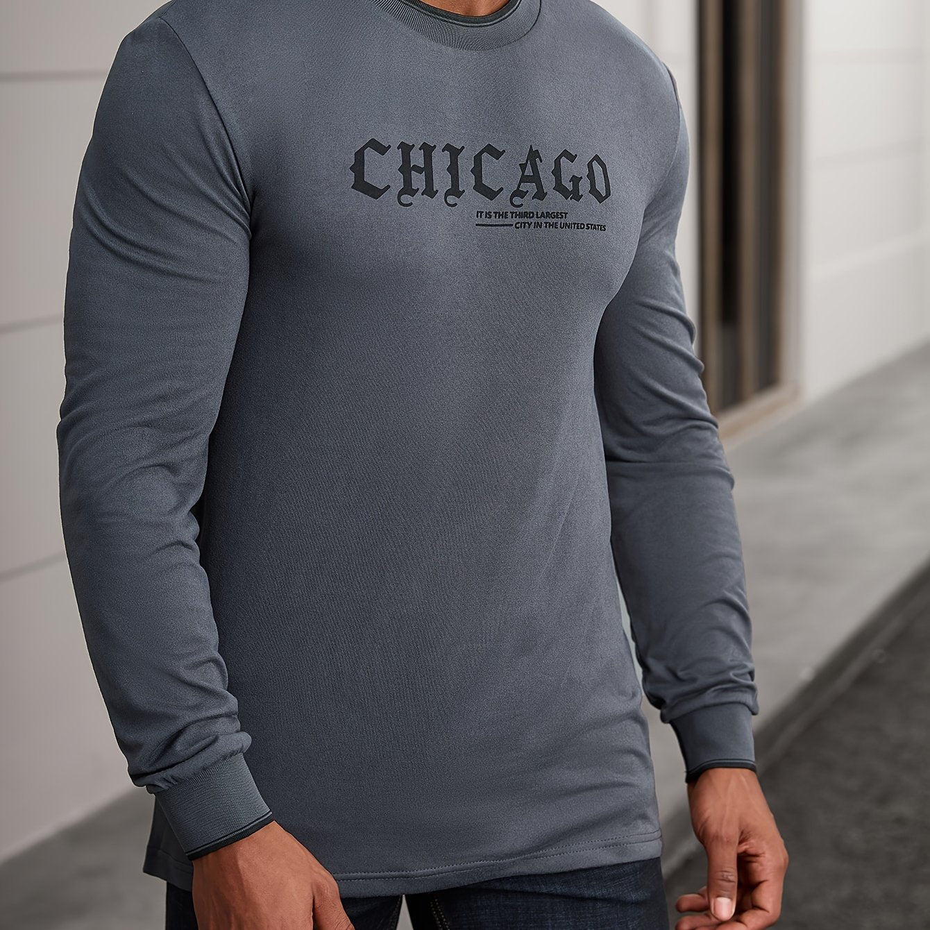 CHICAGO Print Men's Street Daily Long Sleeve High Stretch T-shirt, Spring Fall Outdoor, Men's Clothing