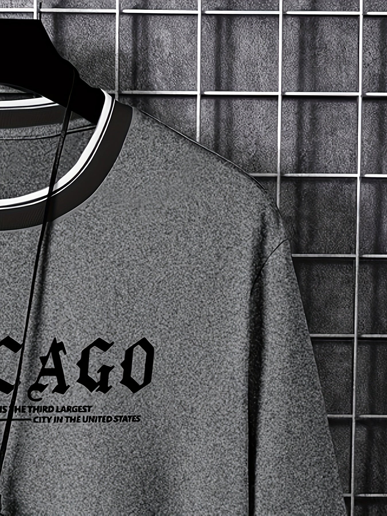 CHICAGO Print Men's Street Daily Long Sleeve High Stretch T-shirt, Spring Fall Outdoor, Men's Clothing