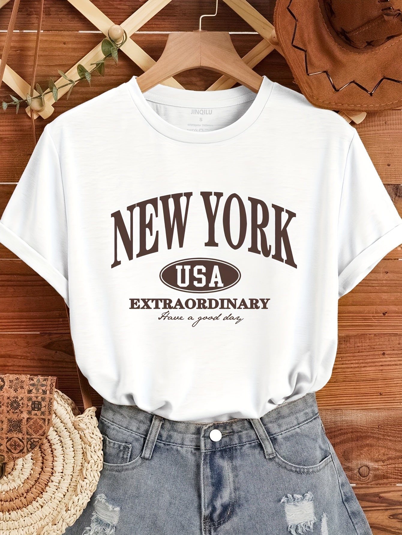 New York Print Crew Neck T-shirt, Short Sleeve Casual Top For Spring & Summer, Women's Clothing