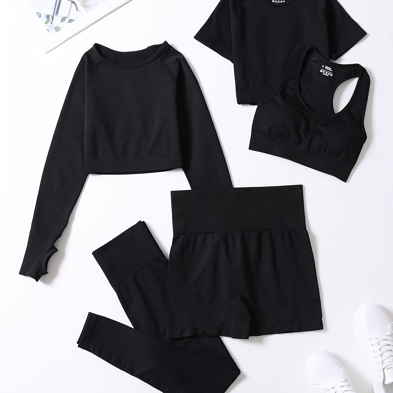 5pcs Seamless Yoga Suits, Racer Back Tank Top & Short Sleeve Cropped Top & Long Sleeve T Shirt & Shorts & Leggings Set, Women's Activewear