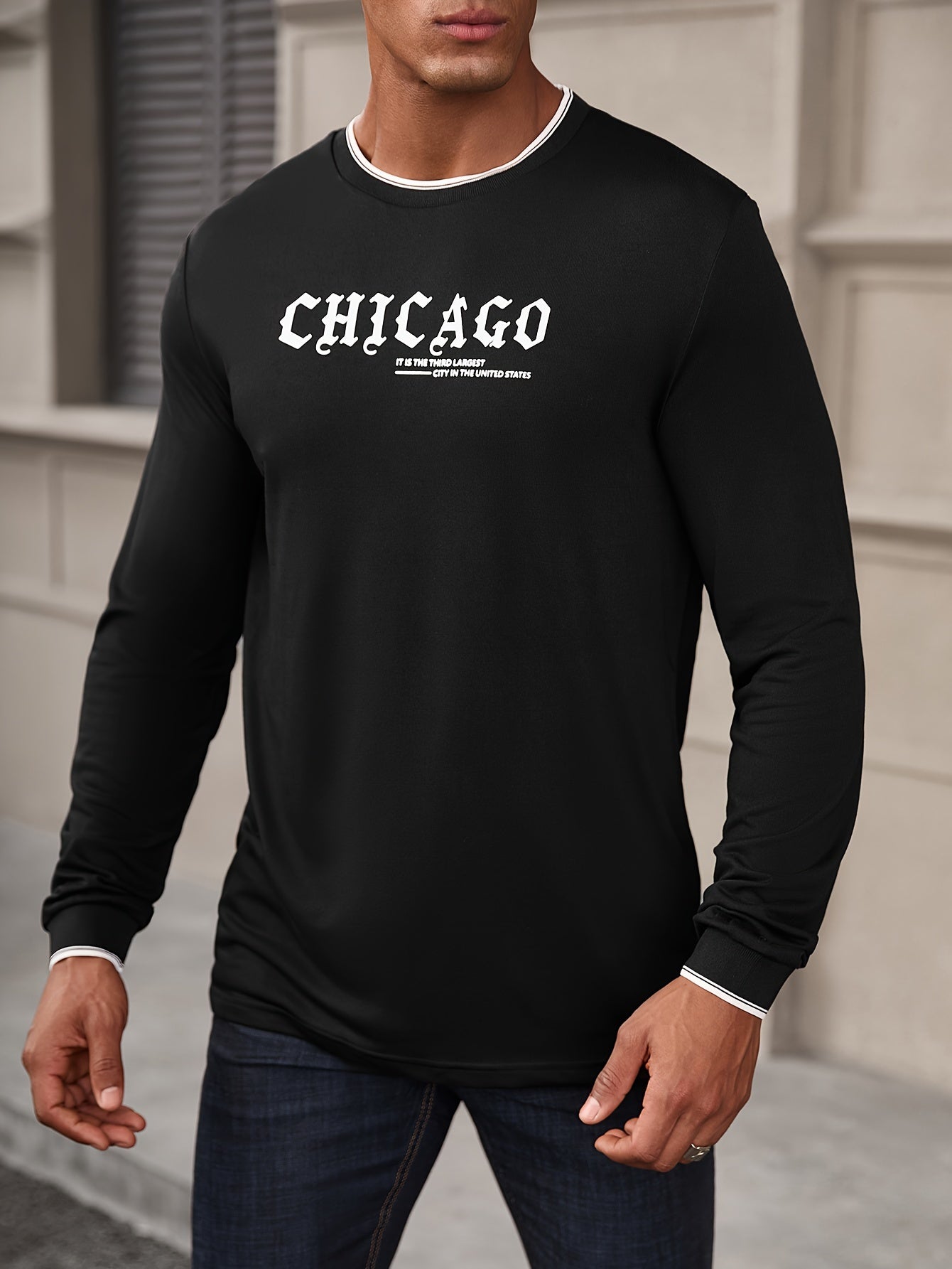 CHICAGO Print Men's Street Daily Long Sleeve High Stretch T-shirt, Spring Fall Outdoor, Men's Clothing