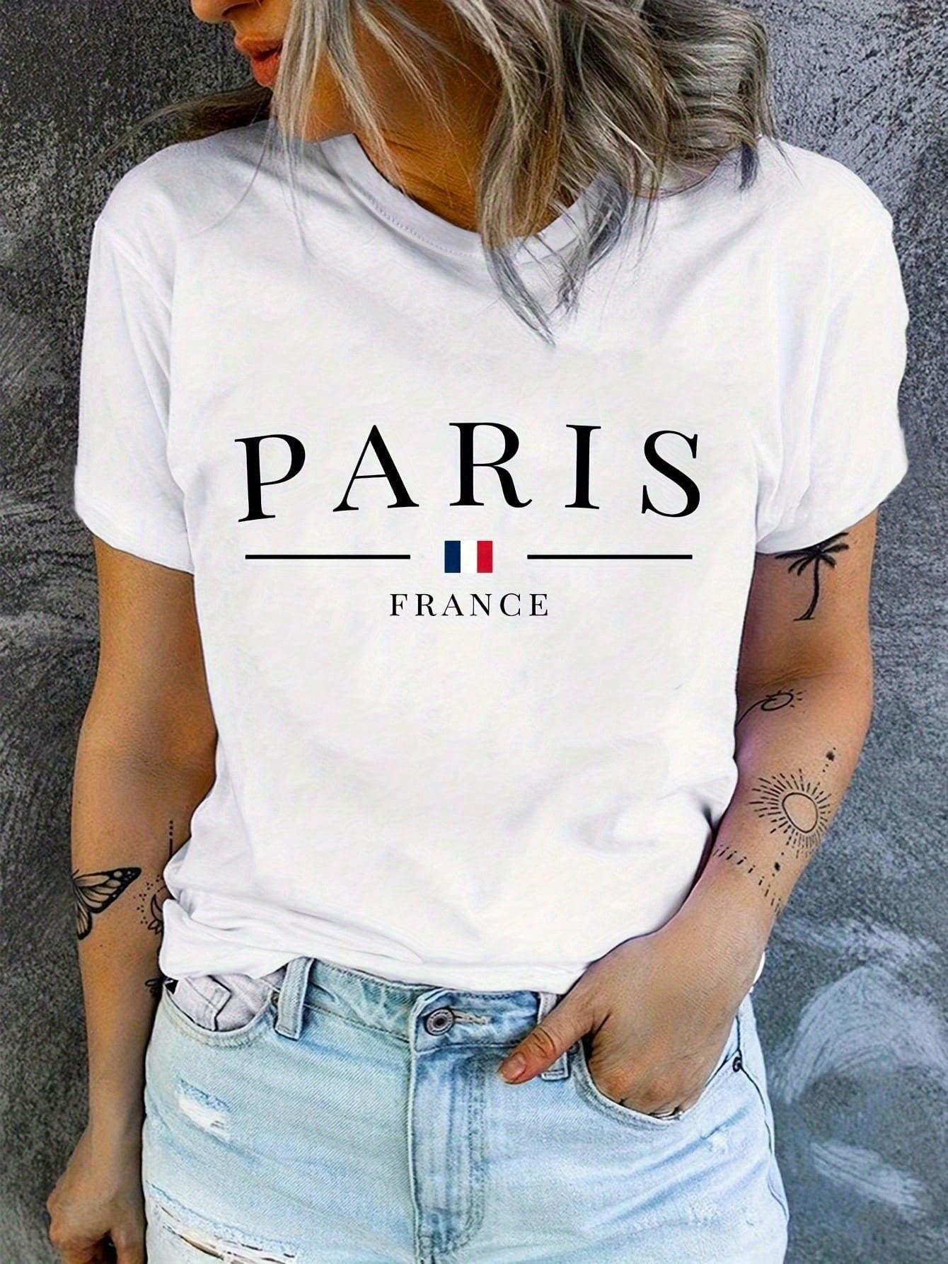 Paris Print Crew Neck T-shirt, Short Sleeve Casual Top For Spring & Summer, Women's Clothing