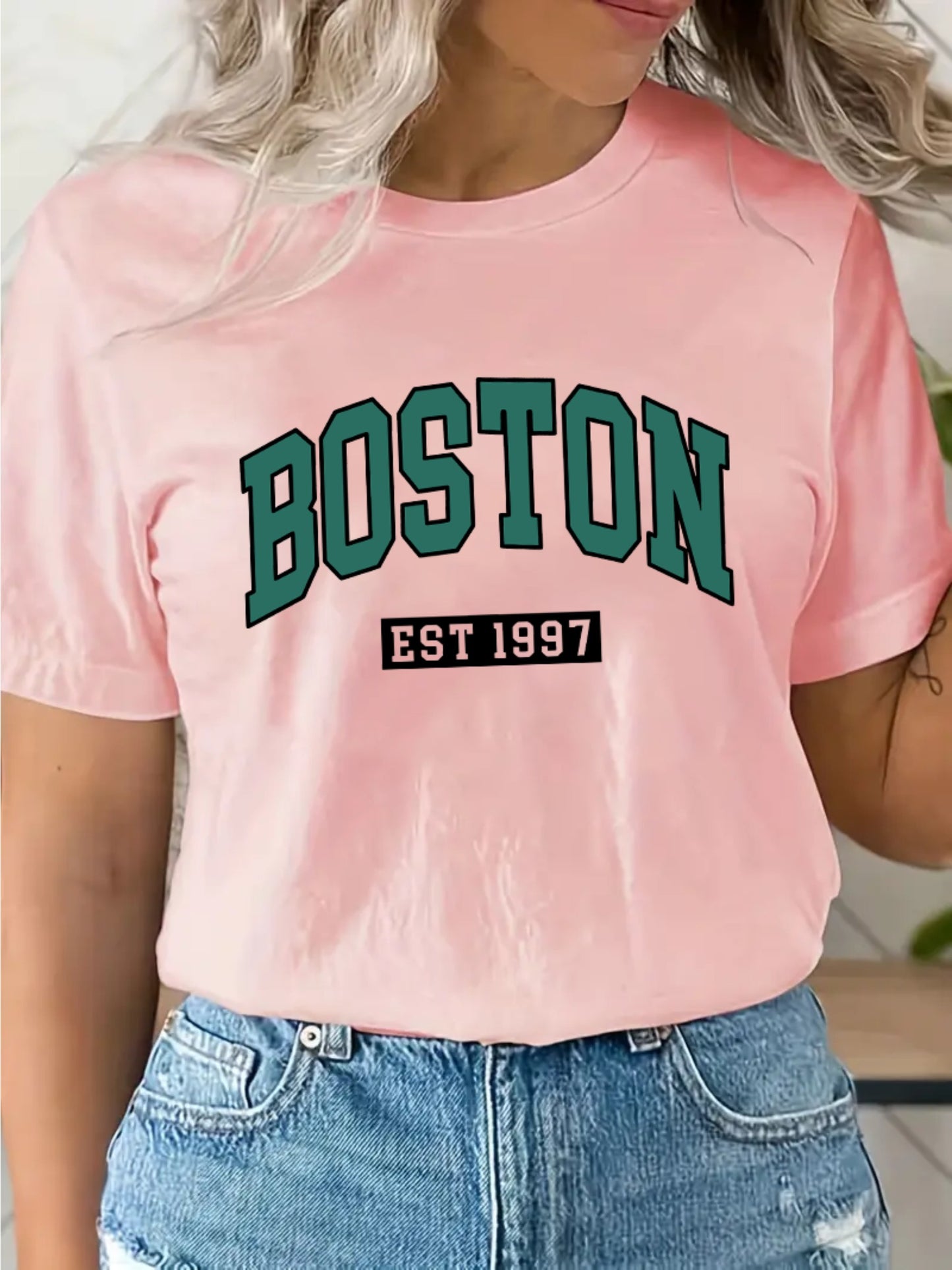 BOSTON Lettering Pattern Crew Neck T-Shirt, Casual Short Sleeve T-Shirt, Women's Clothing