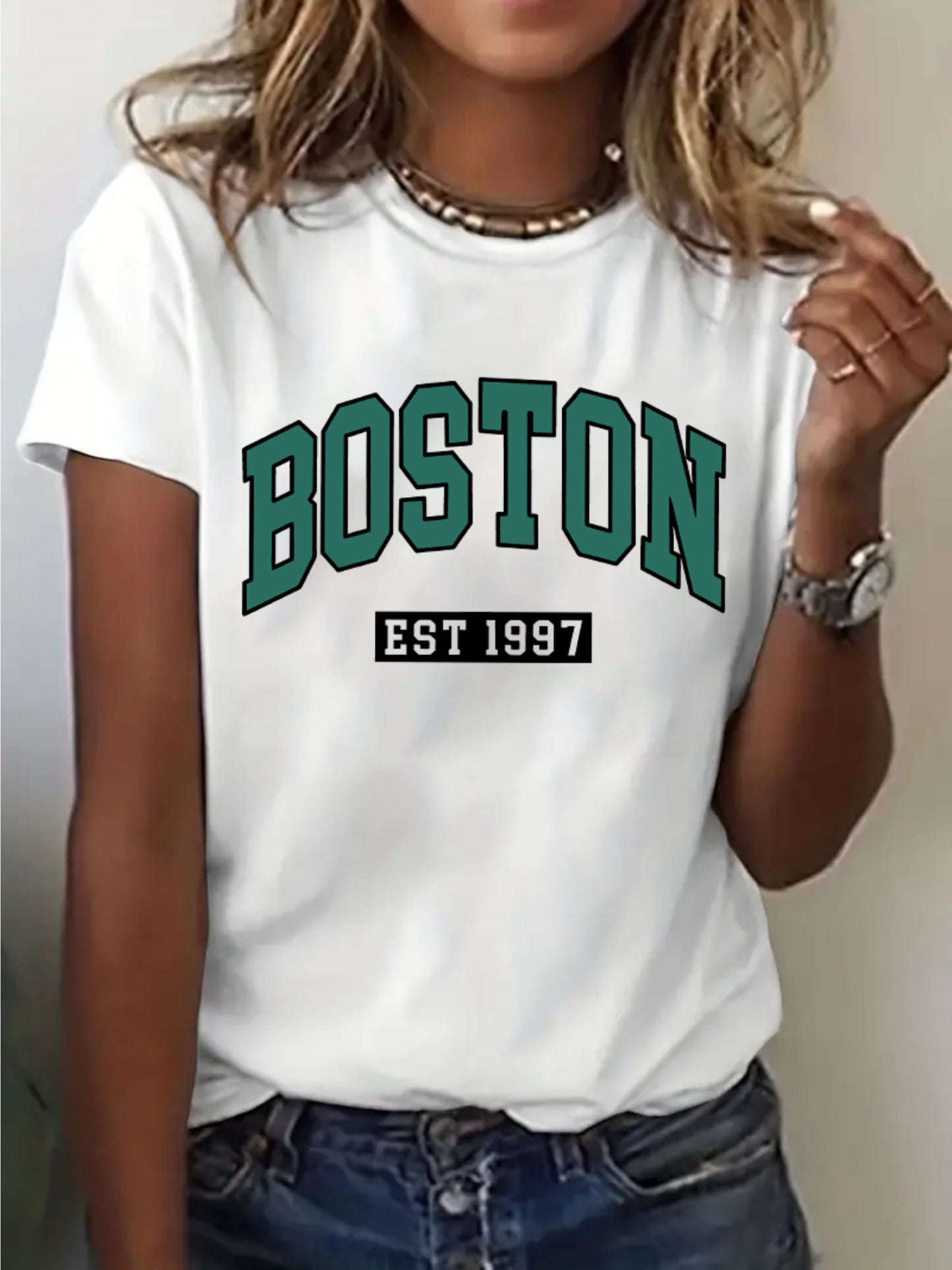 BOSTON Lettering Pattern Crew Neck T-Shirt, Casual Short Sleeve T-Shirt, Women's Clothing