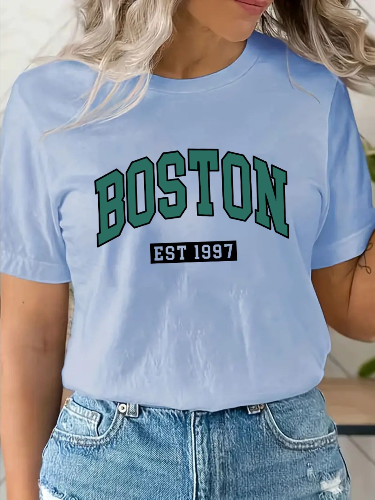 BOSTON Lettering Pattern Crew Neck T-Shirt, Casual Short Sleeve T-Shirt, Women's Clothing