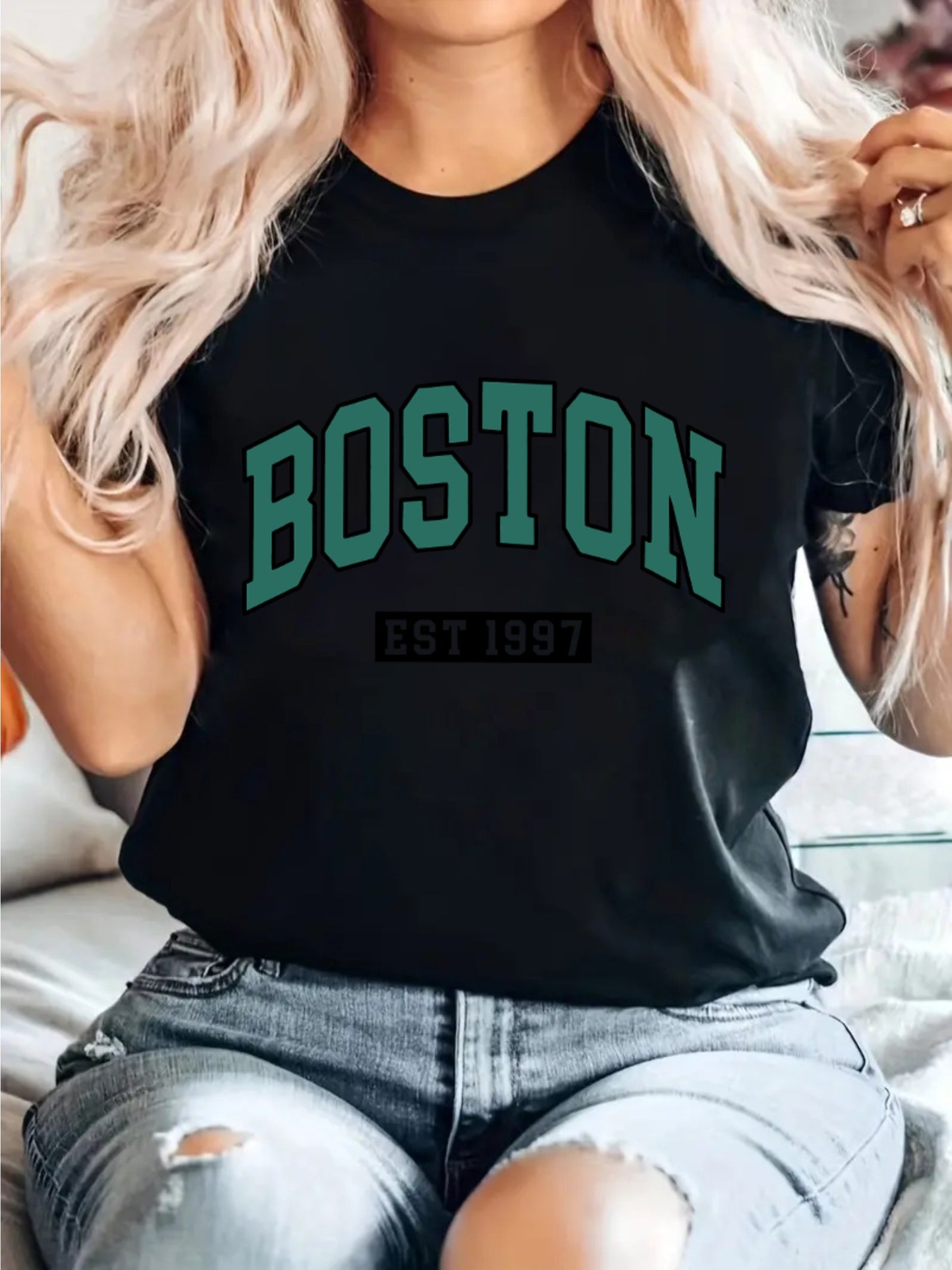 BOSTON Lettering Pattern Crew Neck T-Shirt, Casual Short Sleeve T-Shirt, Women's Clothing