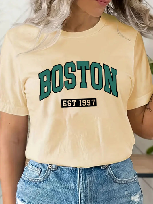 BOSTON Lettering Pattern Crew Neck T-Shirt, Casual Short Sleeve T-Shirt, Women's Clothing