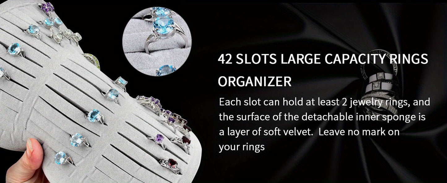 EVA Material Ring Organizer Storage Case - 42-Slot Jewelry Display Box for Rings, Earrings, Brooches, Cufflinks - Fits 50+ Rings Showcase Holder