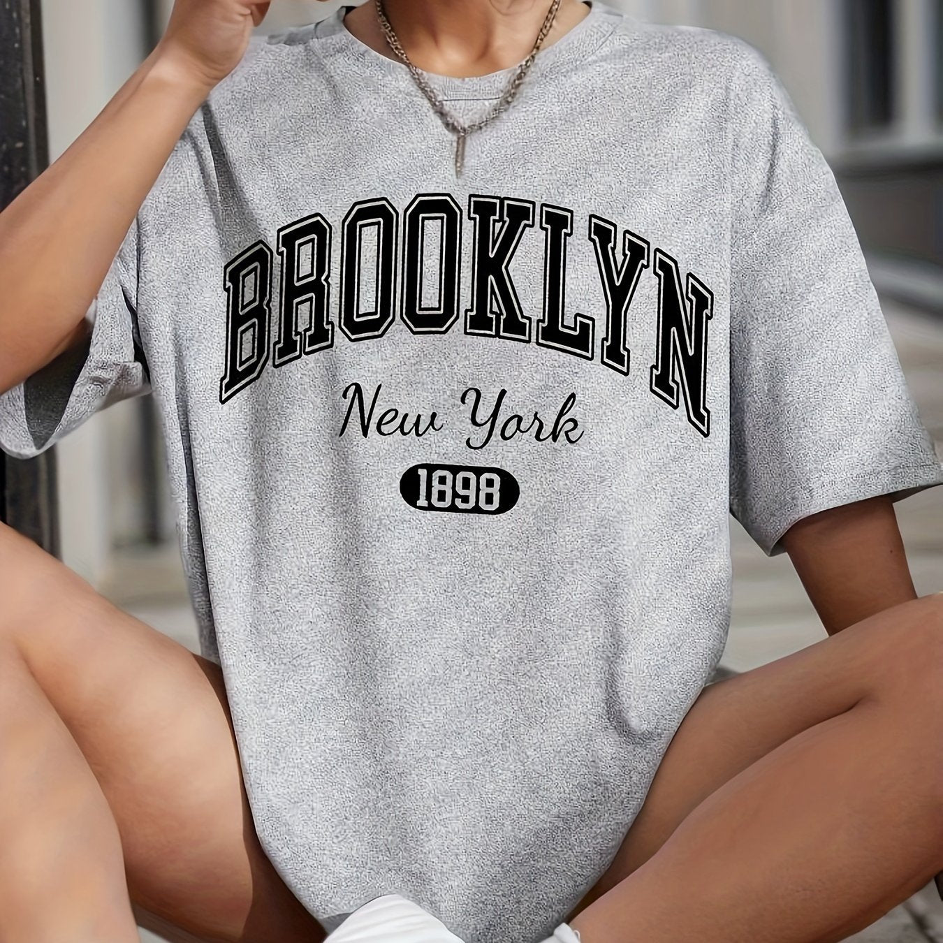 BROOKLYN Print T-shirt, Casual Short Sleeve Crew Neck Top For Spring & Summer, Women's Clothing