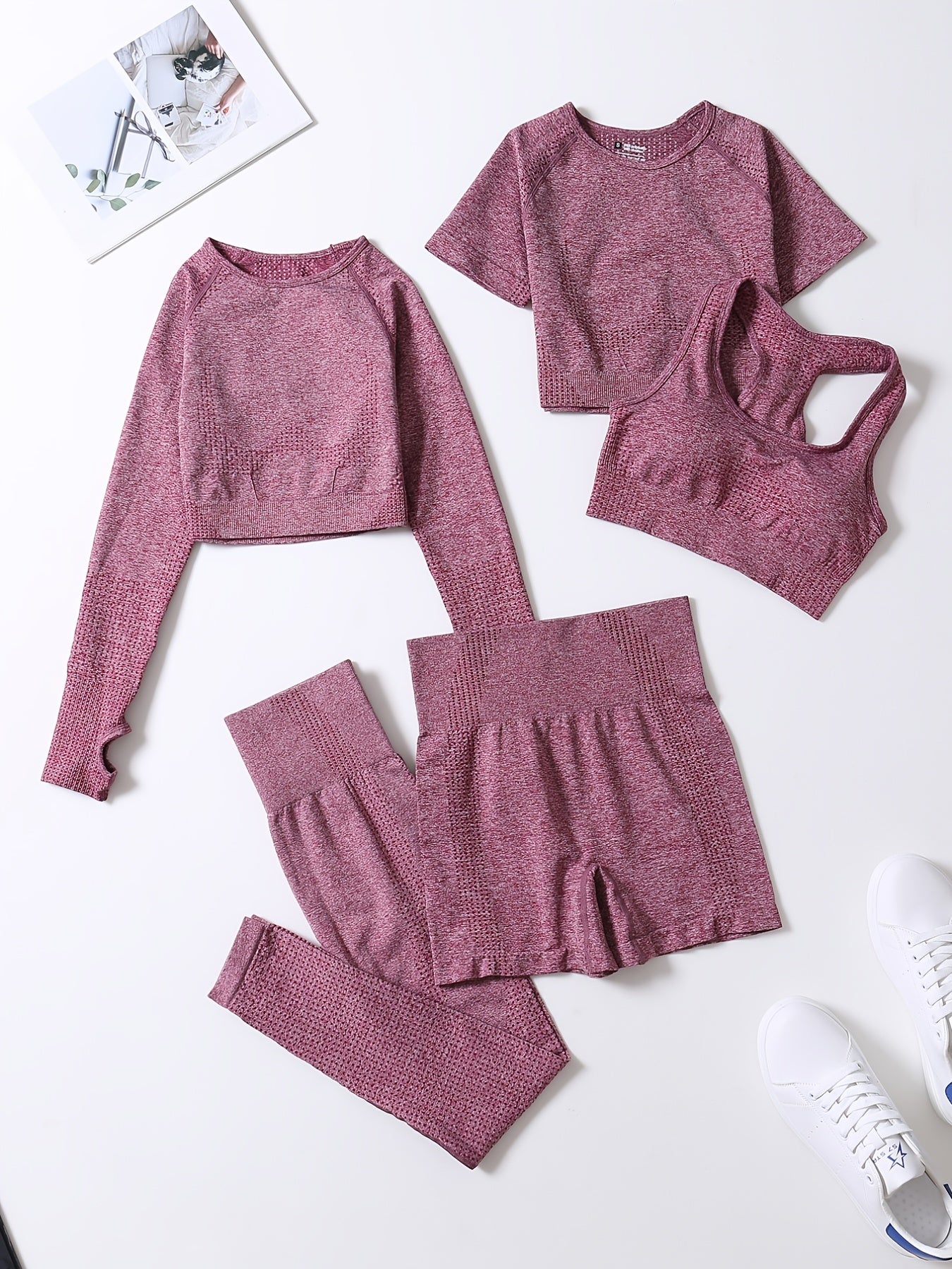 5pcs Seamless Yoga Suits, Racer Back Tank Top & Short Sleeve Cropped Top & Long Sleeve T Shirt & Shorts & Leggings Set, Women's Activewear