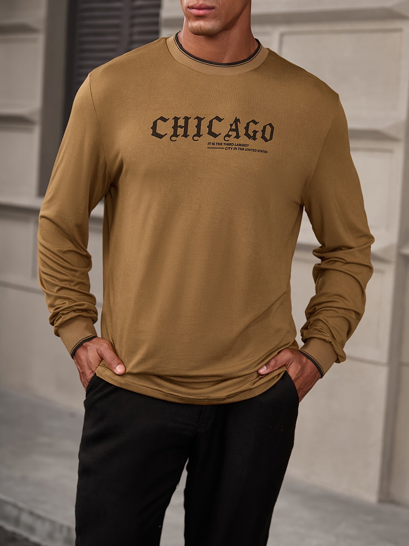 CHICAGO Print Men's Street Daily Long Sleeve High Stretch T-shirt, Spring Fall Outdoor, Men's Clothing