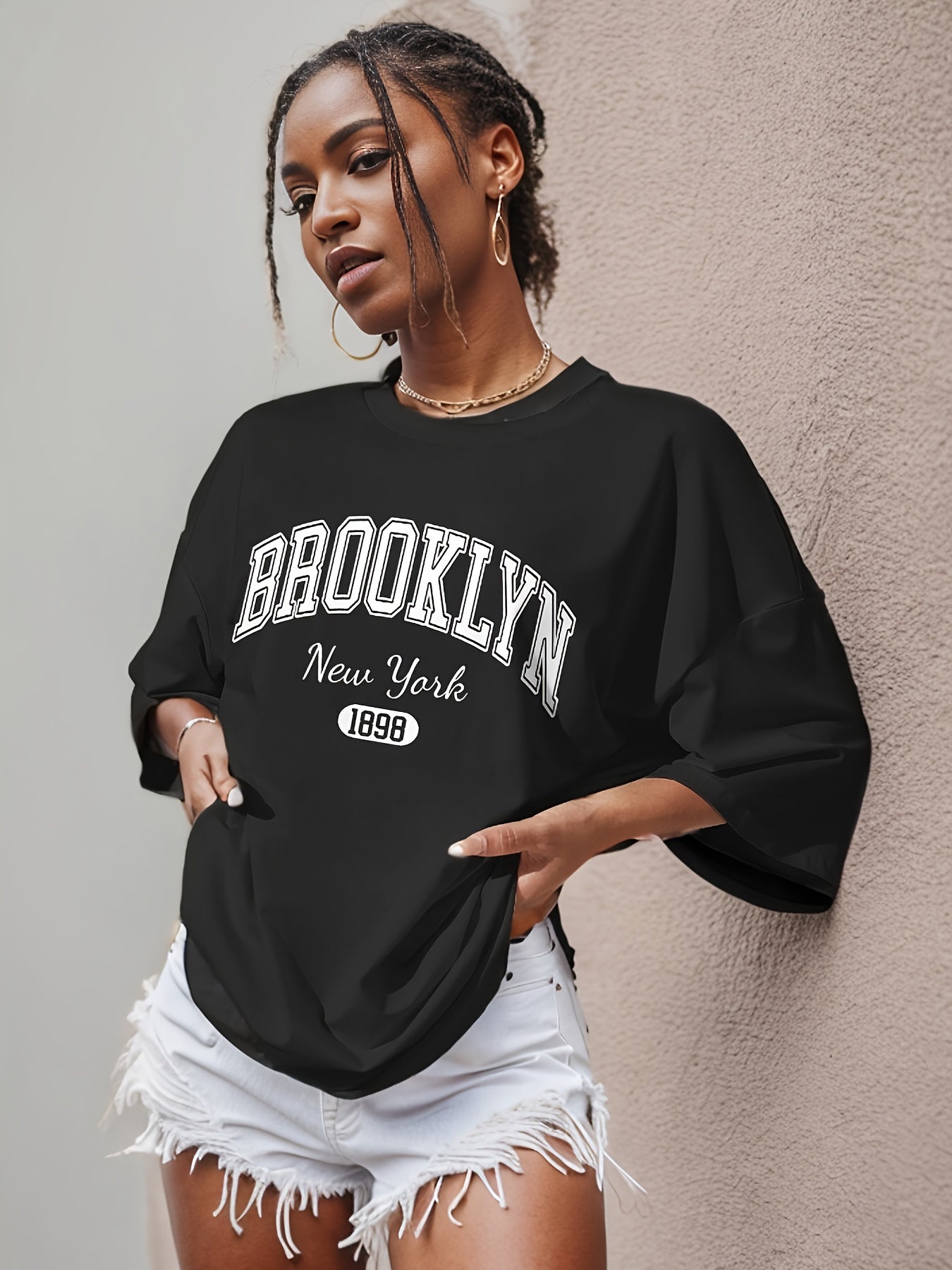 BROOKLYN Print T-shirt, Casual Short Sleeve Crew Neck Top For Spring & Summer, Women's Clothing