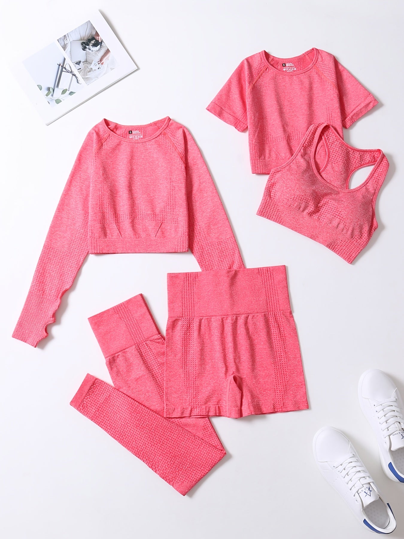 5pcs Seamless Yoga Suits, Racer Back Tank Top & Short Sleeve Cropped Top & Long Sleeve T Shirt & Shorts & Leggings Set, Women's Activewear