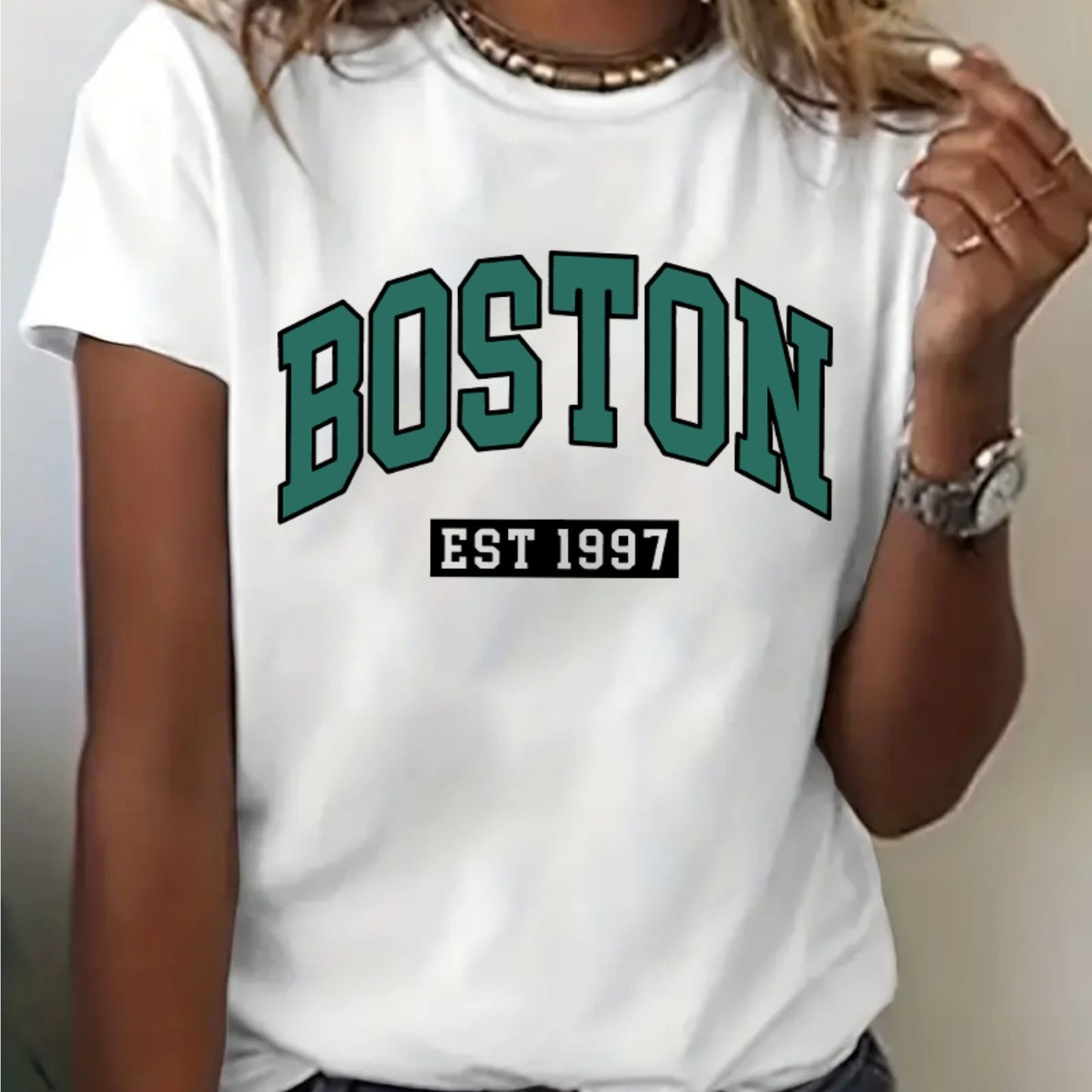 BOSTON Lettering Pattern Crew Neck T-Shirt, Casual Short Sleeve T-Shirt, Women's Clothing